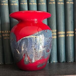 Michael Nourot Vintage Red Art Glass Vase with Colored Swirl, Signed by Artist